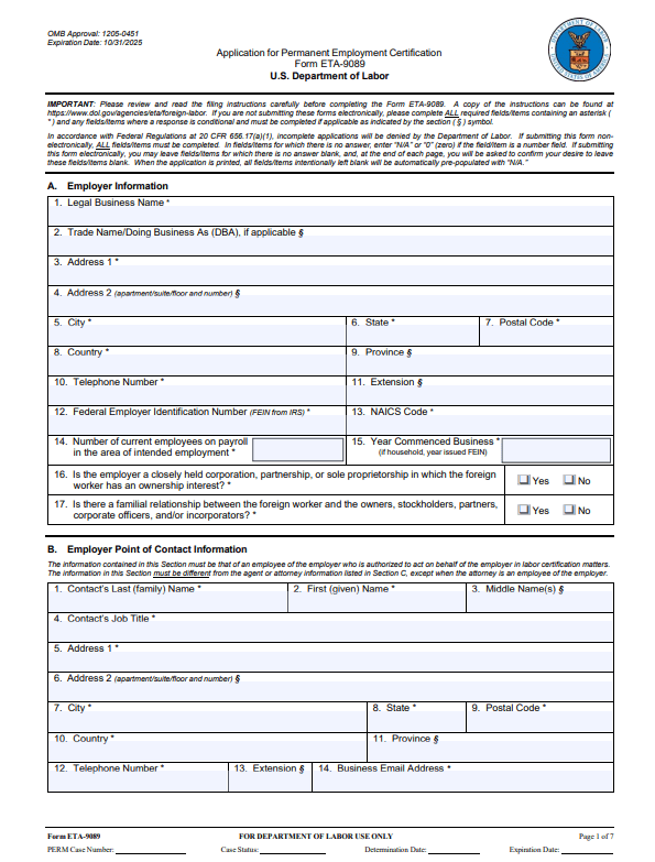 취업이민(EB-3) ETA-9089 양식